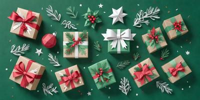 The image features a collection of Christmas presents, each adorned with a bow. The presents are arranged in various positions, creating a festive and joyful atmosphere. The colors of the presents and the bow are predominantly green and red, which are traditional colors associated with Christmas. The overall visual style of the image is a combination of digital art and illustration, showcasing the intricate details of the presents and the bow.